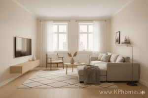 Bright Scandinavian-inspired 2 BHK living room interior design in Kolkata featuring neutral tones, wooden furniture, modern lighting, and a minimalist aesthetic.