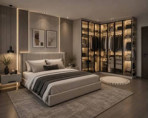 Modern master bedroom interior design in a 2 BHK home featuring custom wardrobes, ambient lighting, wooden finishes, upholstered bed, and elegant décor for a luxurious and functional living space in Kolkata.