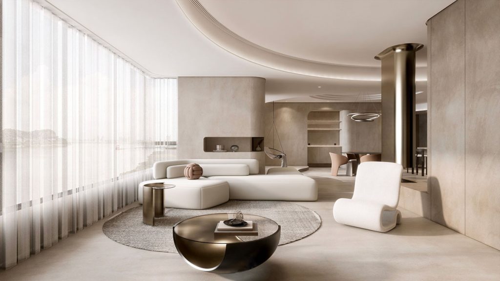 Modern luxury minimalist living room with a low-profile curved sectional sofa, architectural lighting, and natural stone finishes.
