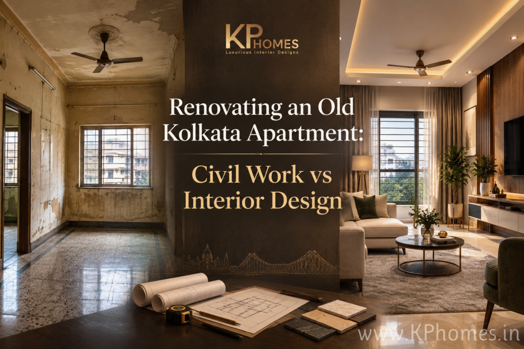 Old Kolkata apartment with weathered interiors contrasted with a luxurious renovated living room, illustrating civil work versus interior design