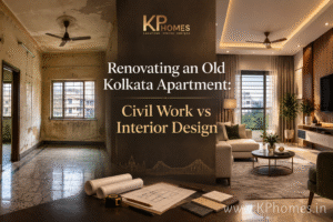Old Kolkata apartment with weathered interiors contrasted with a luxurious renovated living room, illustrating civil work versus interior design