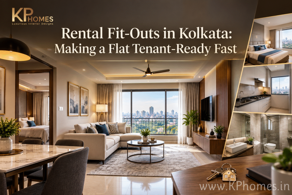 Luxury Kolkata apartment prepared for rental with a furnished living room, bedroom, kitchen, bathroom, and keys ready for tenant handover.