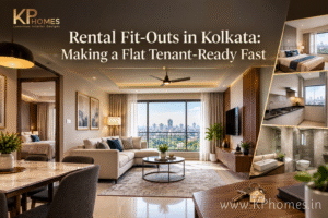 Luxury Kolkata apartment prepared for rental with a furnished living room, bedroom, kitchen, bathroom, and keys ready for tenant handover.