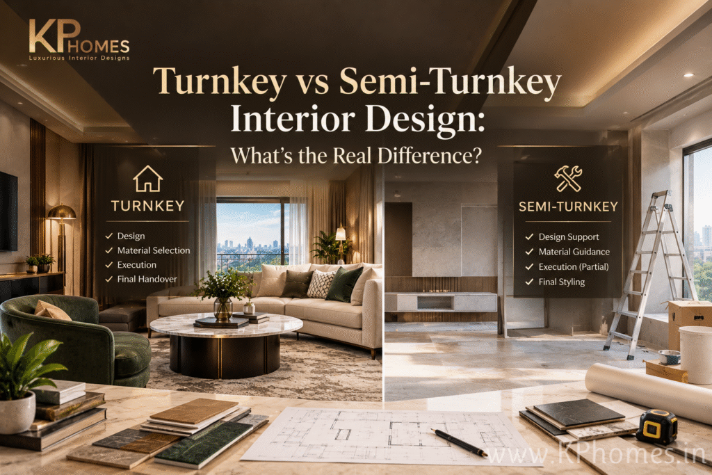 Luxury interior design comparison showing a fully finished turnkey living room beside a partially completed semi-turnkey interior