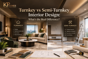 Luxury interior design comparison showing a fully finished turnkey living room beside a partially completed semi-turnkey interior
