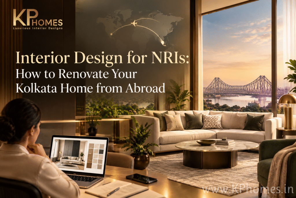 Luxury modern Kolkata home interior with an NRI working remotely on a laptop, featuring elegant décor, and a Kolkata skyline view