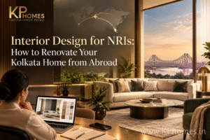 Luxury modern Kolkata home interior with an NRI working remotely on a laptop, featuring elegant décor, and a Kolkata skyline view