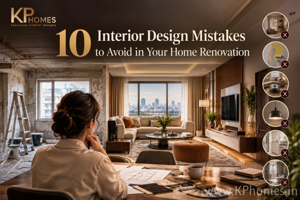 Luxury home renovation interior showing an unfinished space transitioning into a modern living room, with design plans, material samples, and visual reminders of common renovation mistakes