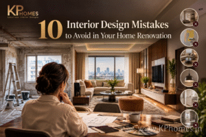 Luxury home renovation interior showing an unfinished space transitioning into a modern living room, with design plans, material samples, and visual reminders of common renovation mistakes